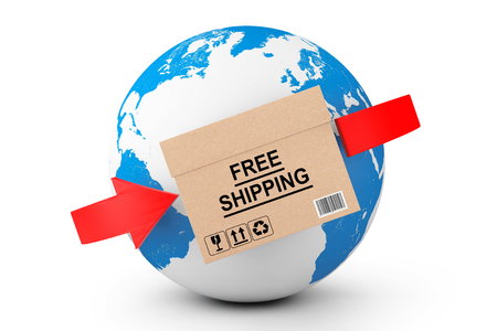 Global delivery. Free Shipping Cardboard Box with Earth Globe on a white backgroundの写真素材