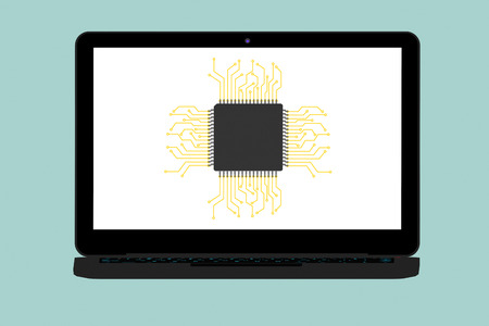 Flat Conceptual Illustration of Micro chip and Modern Laptop on a green backgroundの写真素材