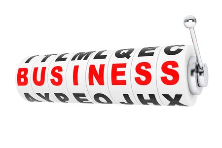 Business Signs lines up for a jackpot on a Slot machine wheels on a white backgroundの写真素材