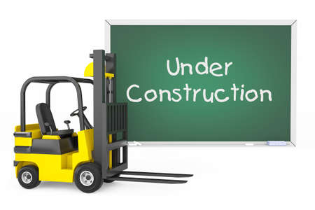 Forklift Truck with Under Construction Blackboard on a white backgroundの写真素材