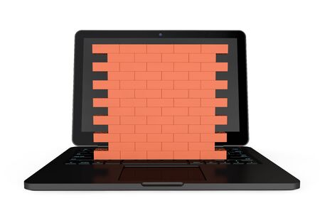 Firewall concept. Laptop with brick wall on a white backgroundの写真素材