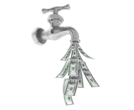 Dollar Bills Coming Out From Water Tap on a white backgroundの写真素材
