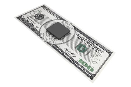 Digital Money Concept. Microchip with circuit over Dollars Bill on a white background