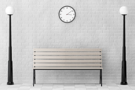 Wooden Bench and Street Lamps against white brick wall with Modern Clock extreme closeup