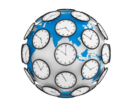 International Time Zones Concept. Modern Clocks around the Earth Globe World on a white background