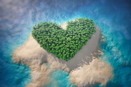 Tropical Island in Ocean with Trees as Heart. 3d renderingの写真素材