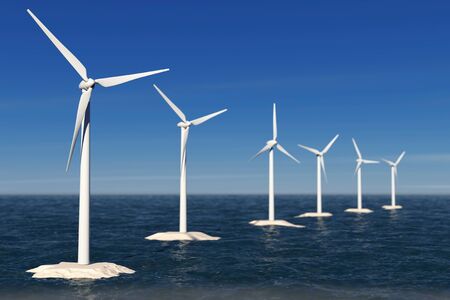 Alternative Energy Concept. Windmills in the Ocean extreme closeup. 3d Rendering