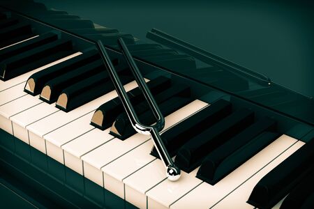 Tuning Fork on top of Piano Keys extreme Closeup. 3d Rendering