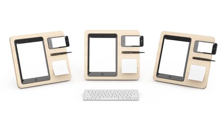 Wooden Mobile Devices Organisers on a white background. 3d Renderingの写真素材