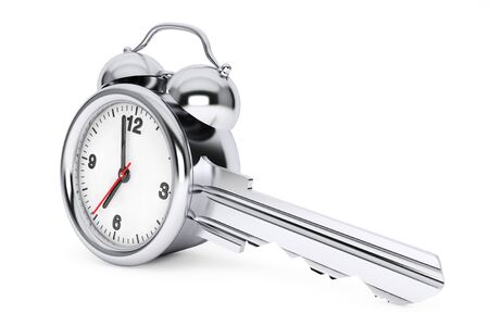 Time Management Concept. Alarm Clock as Key on a white background. 3d Rendering