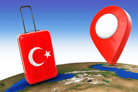 Travel to Turkey concep. Suitcase with Turkey flag and Pointer over Earth Globe. 3d Renderingの写真素材