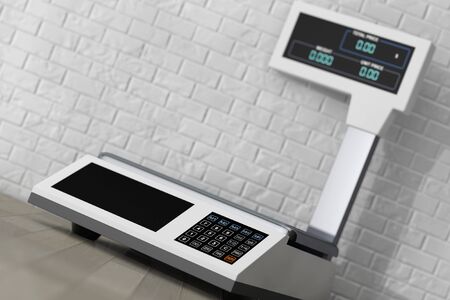 Electronic Scales for weighing Food in front of Brick Wall. 3d Rendering