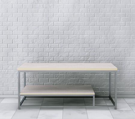 Simple Wooden Cocktail and Coffee Table in front of brick wall. 3d Renderingの写真素材