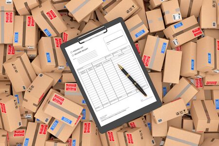 Cardboard Parcel Package with Delivery Note on a white background. 3d Renderingの写真素材