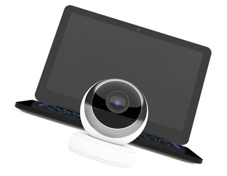 White Spherical Web Camera in front of Laptop on a white background. 3d Rendering
