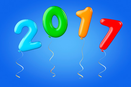 Multicolour Balloons as 2017 New Year Sign on a blue background. 3d Rendering