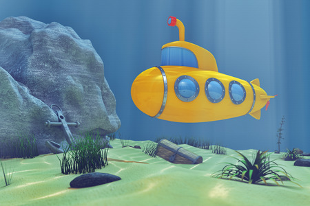 Ocean Underwater World with Cartoon Styled Submarine extreme closeup. 3d Renderingの写真素材