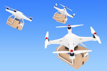 Parcel Shipping Concept. Quadrocopter Drones Delivering a Parcel on a blue background. 3d Renderingの写真素材