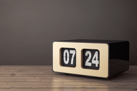 Vintage Flip Clock on a wooden table. 3d Rendering