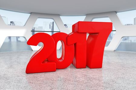Red New 2017 Year Sign in Abstract Bright Office Meeting Room extreme closeup. 3d Renderingの写真素材