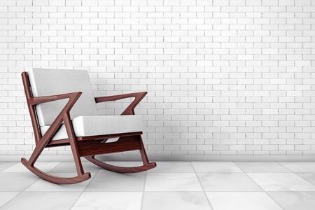 Rocking Chair Upholstered with White Cloth in front of brick wall. 3d Renderingの写真素材