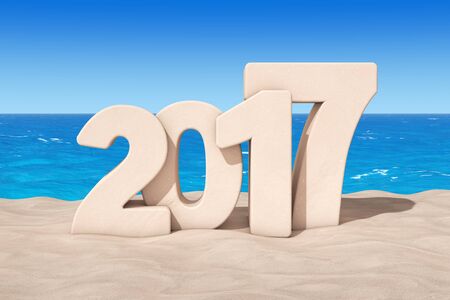 Happy 2017 New Year Concept. 2017 New Year Sign at Sunny Beach extreme closeup. 3d Rendering 