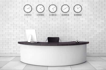 Office Lobby with a Reception Desk in front of brick wall. 3d Rendering