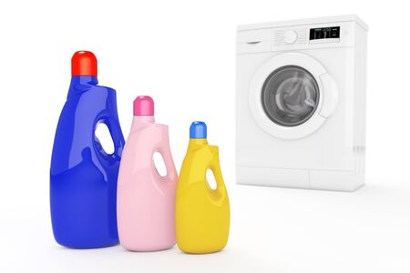 Modern Washing Machine with Colour Detergent Bottles on a white background. 3d Renderingの写真素材
