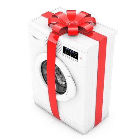 Modern Washing Machine with Red Ribbon and Bow as Gift on a white background. 3d Rendering.の写真素材