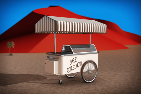 Ice cream cart in Abstract Desert with Red Dunes extreme closeup. 3d Renderingの写真素材
