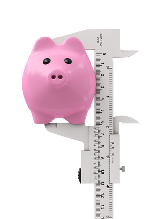 Size of Savings Concept. Piggy Bank with Vernier Caliper Sliding Gauge on a white background. 3d Rendering.の写真素材