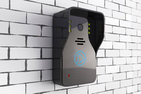 Modern Video Intercom in front of Brick Wall. 3d Rendering.