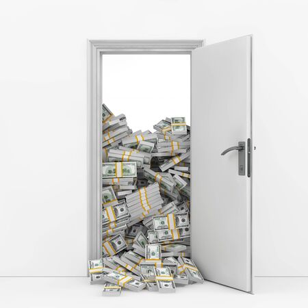 Wealth Concept. Opening Door with Heap of Dollar Bills extreme closeup. 3d Rendering.の写真素材