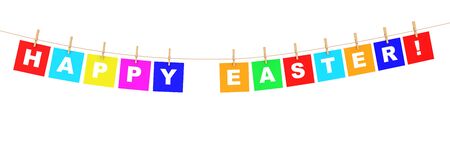 Happy Easter Sign hanging on Rope with Clothespins on a white background. 3d Rendering.の写真素材