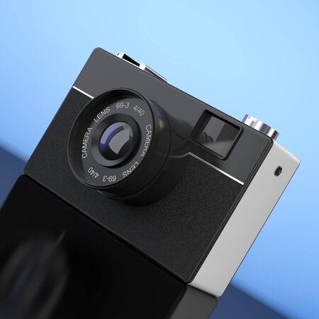 Old Vintage Photo Camera on a blue background. 3d Rendering.