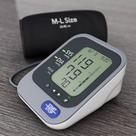 Digital Blood Pressure Monitor with Cuff on a wooden table. 3d Rendering.