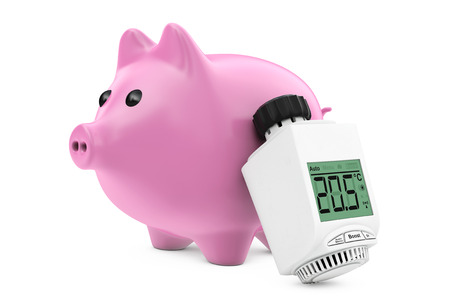 Digital Wireless Radiator Thermostatic Valve near Piggy Bank on a white background. 3d Rendering.の写真素材