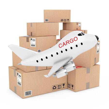 Air Cargo Concept. Cartoon Toy Jet Airplane with Cargo Sign near Boxes of Goods on a white background. 3d Rendering.の写真素材