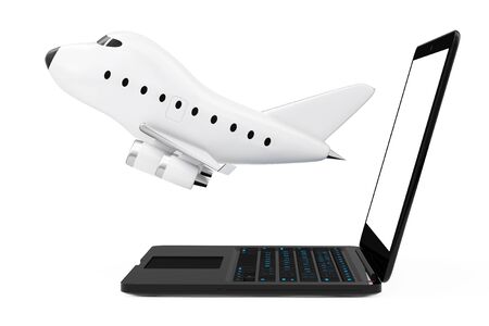 Modern Laptop Computer with Cartoon Toy Jet Airplane Flying out from Screen on a white background. 3d Rendering. の写真素材