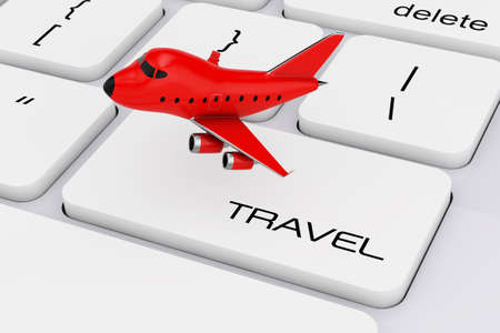Red Cartoon Toy Jet Airplane over Computer Keyboard with Travel Sign extreme closeup. 3d Rendering. の写真素材