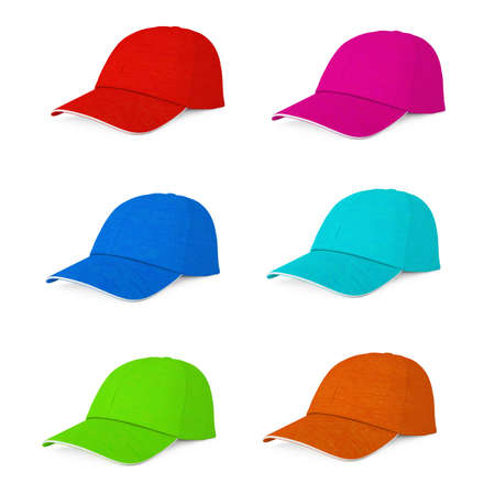 Multicolour Fashion Baseball Caps on a white background. 3d Rendering.の写真素材