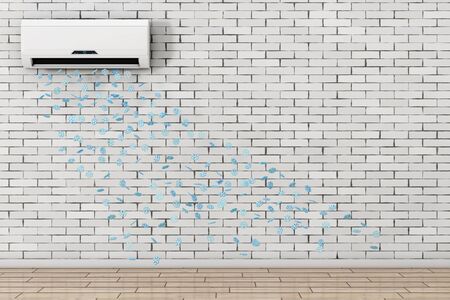 Snowflakes Drop from Modern Air Conditioner in front of brick wall. 3d Rendering.の写真素材