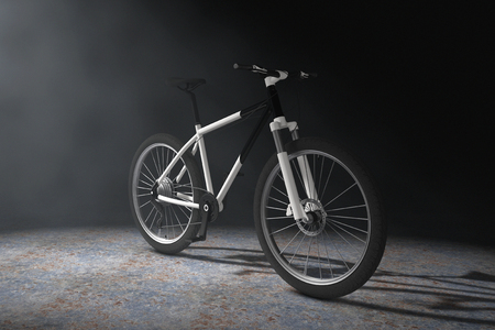 Black and White Mountain Bike  in the Volumetric Light on a black background. 3d Renderingの写真素材