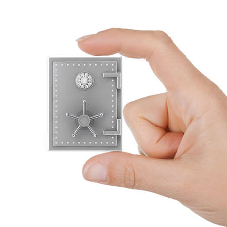 Closeup Woman Hand with Metal Money Safe on a white background
