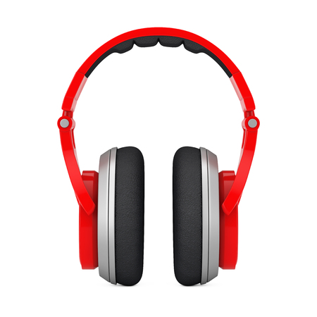 Red Wireless Headphones extreme closeup on a white background. 3d Renderingの写真素材