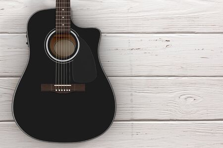 Black Wooden Acoustic Guitar on a wooden table. 3d Renderingの写真素材