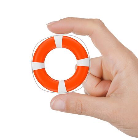 Life Aid Concept. Closeup Woman Hand with Life Buoy on a white background