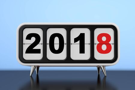 Retro Flip Clock with 2018 New year Sign on a blue background. 3d Rendering