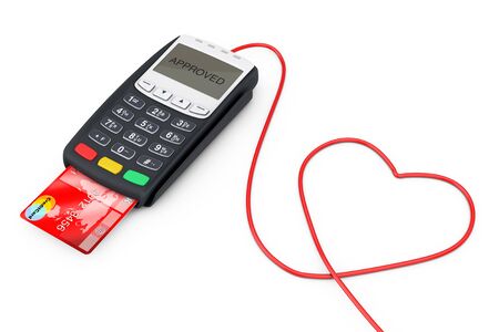 Credit Card Payment Terminal Wires in the Form of Heart on a white background. 3d Rendering