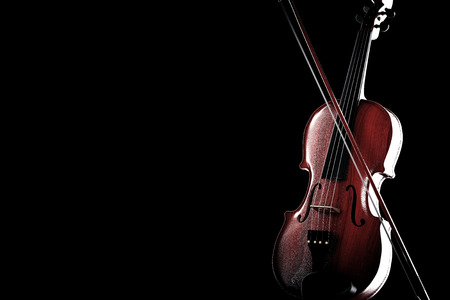Classical Wooden Violin with Bow on a black background. 3d Renderingの写真素材